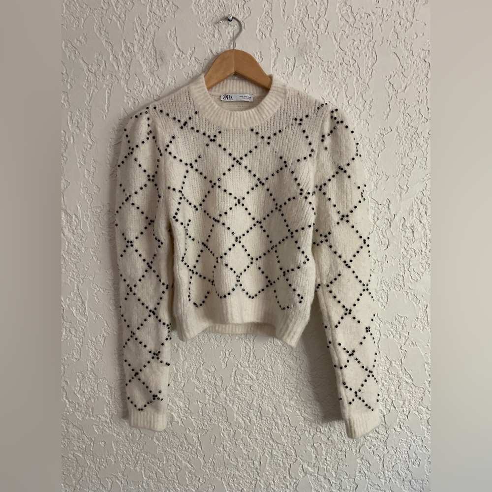 ZARA Knit Argyle Beaded Cropped Sweater - S